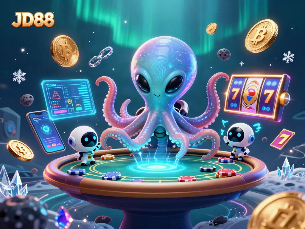 Experience thrilling poker action with JD88, featuring a vibrant alien octopus and holographic gaming elements.