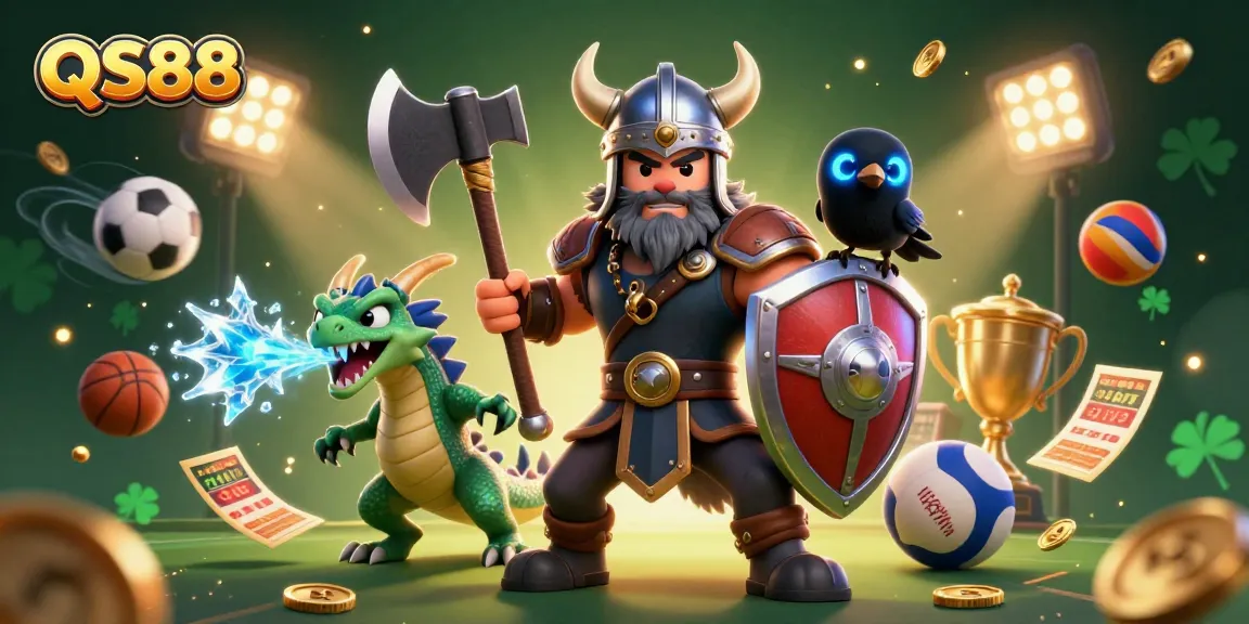 Experience thrilling gameplay and vibrant visuals with QS88's dynamic illustration of a Viking wolf warrior, dragon, and sports elements