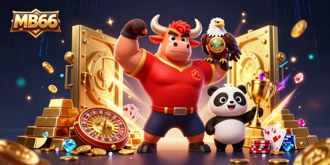 Experience thrilling action with MB66 as the bull mascot celebrates a big win surrounded by casino treasures.