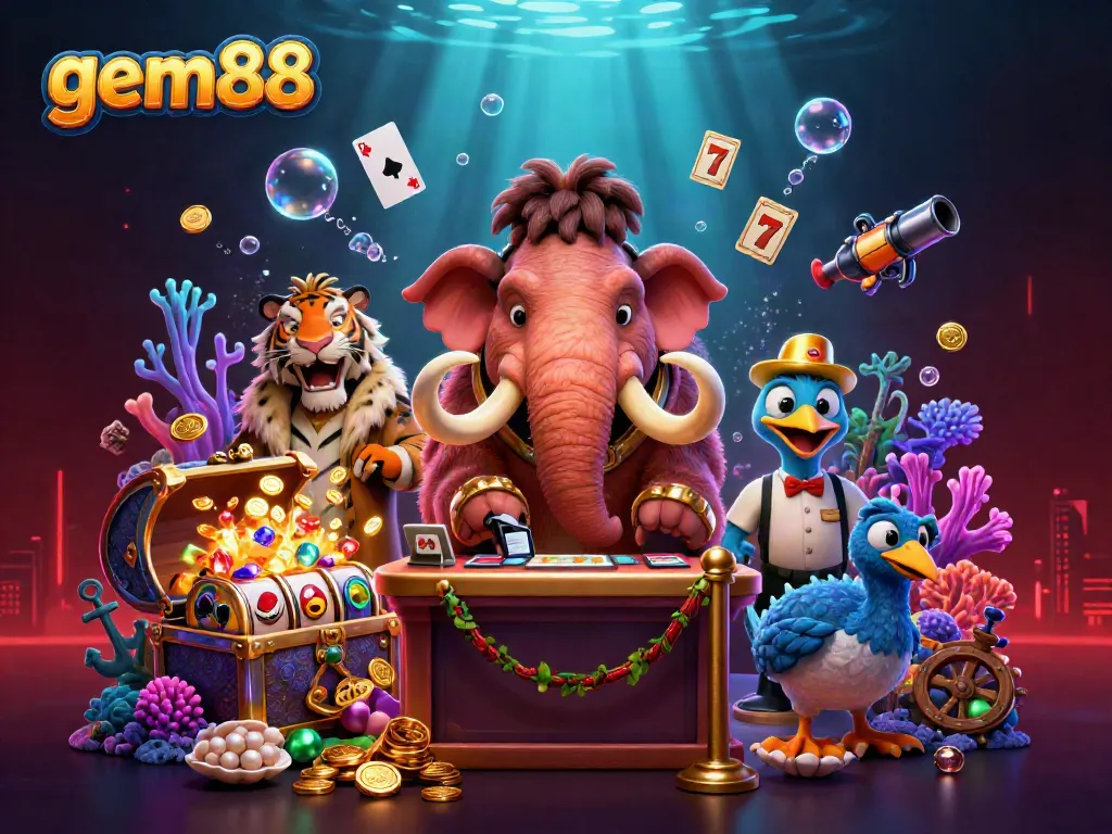 Experience vibrant casino fun with gem88's lively characters and colorful gaming elements in 3D.