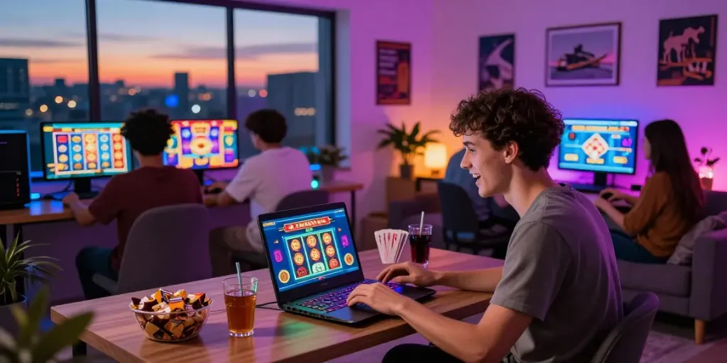Engaged gamer enjoying new usa online casinos in a cozy setting with vibrant game graphics.