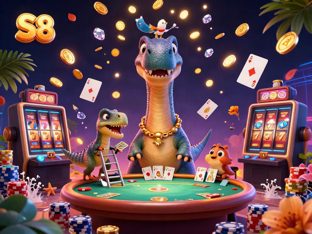 Experience the S8 casino action with a playful dinosaur and raptor dealer in a vibrant, engaging scene.