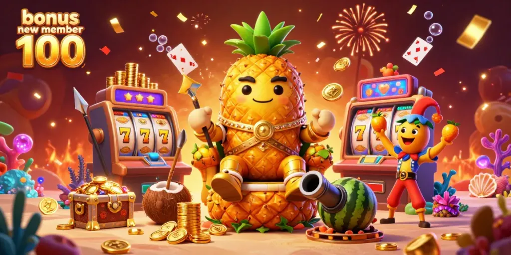 Engage in fun casino adventures with the bonus new member 100 as a golden pineapple king rules a vibrant beach casino scene filled with treasures and excitement.