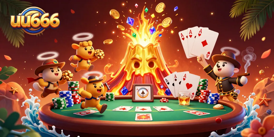 Win big at uu666 with a golden volcano erupting treasures and vibrant poker elements.