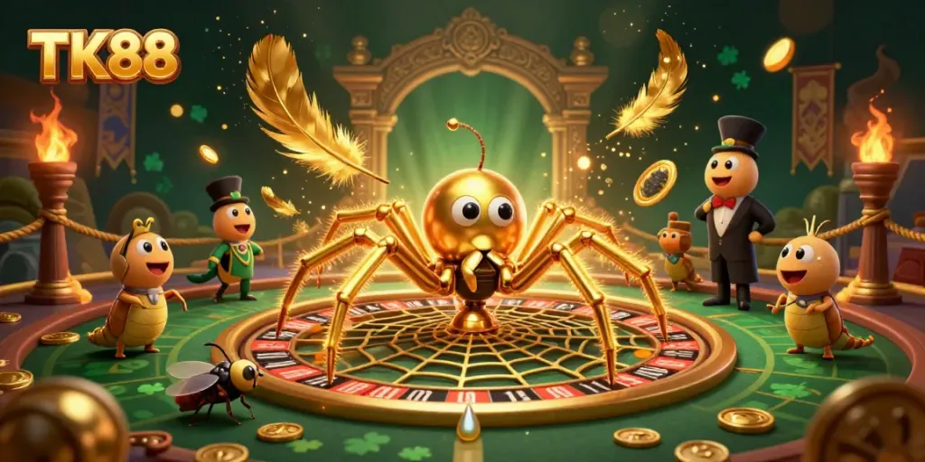 Engage in thrilling bets at TK88's roulette-inspired illustration featuring a golden spider and centipede croupier.