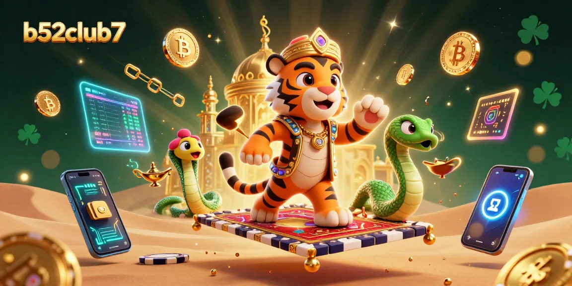 Engage with thrilling gaming adventures at b52club7, featuring an Arabian-themed casino scene with vibrant characters.