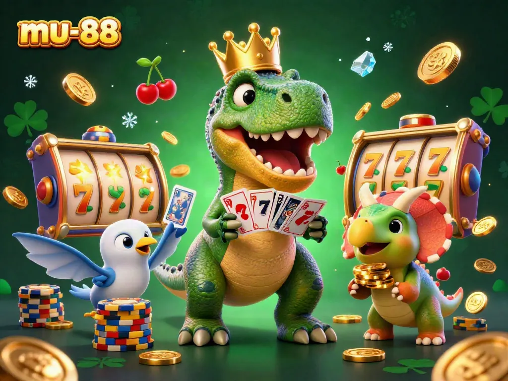 Experience thrilling opportunities with mu-88 as characters stack golden chips and spin lucky slot reels.