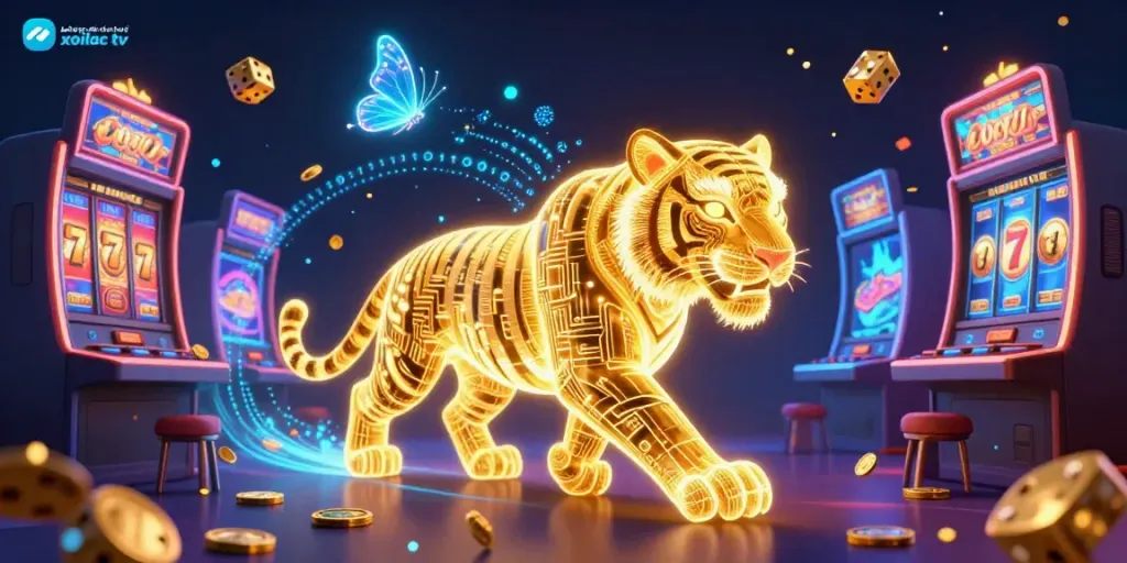 Bóng đá trực tuyến xoilac tv showcases a vibrant digital casino scene with a golden tiger and dynamic slot machines.