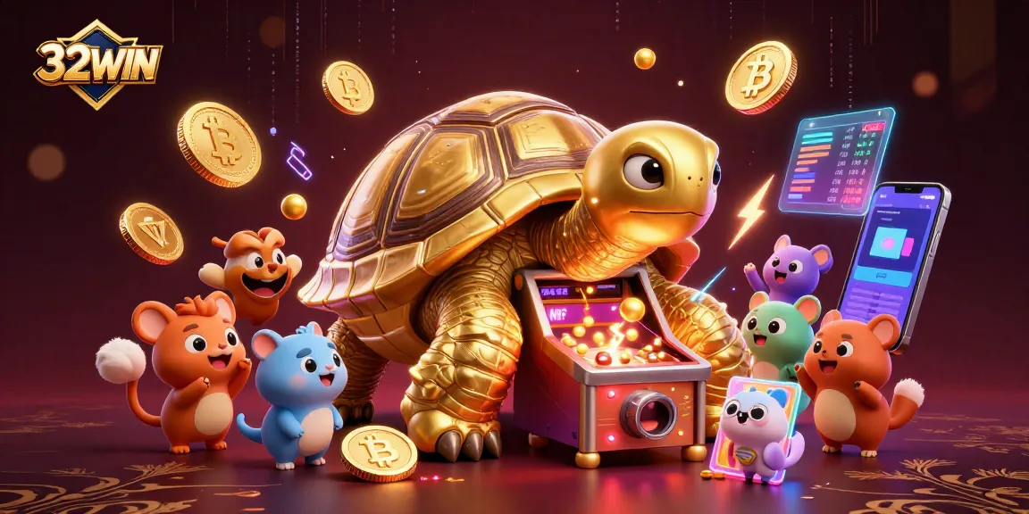 Experience the excitement of 32WIN with a 3D illustration showcasing dynamic casino games and cryptocurrency.