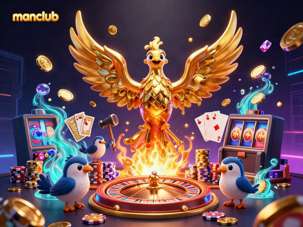The manclub phoenix emerges from gold and coins amidst vibrant casino elements.