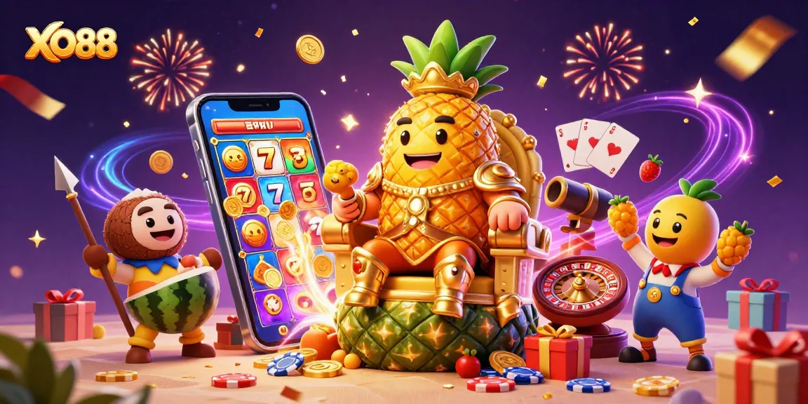 Engage with thrilling gaming at XO88 featuring a dynamic casino scene filled with vibrant characters and elements.