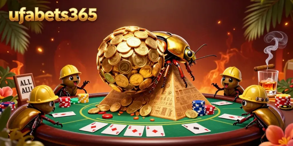 Experience UFABET365's golden gaming adventure with beetles rolling coins amidst vibrant casino elements.