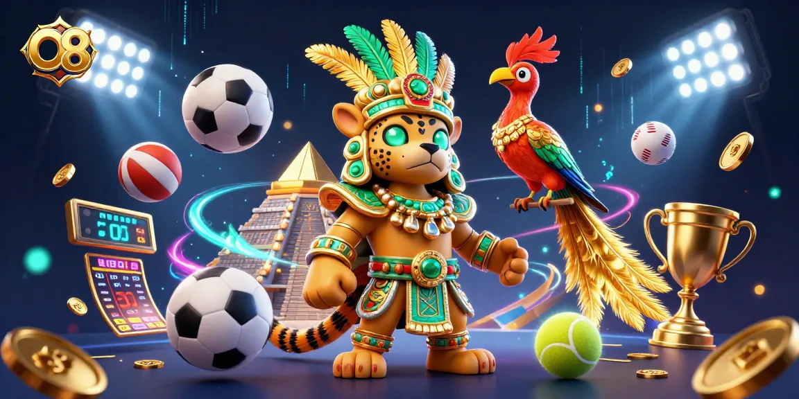 O8 captures excitement with dynamic 3D casino elements showcasing sports betting themes.