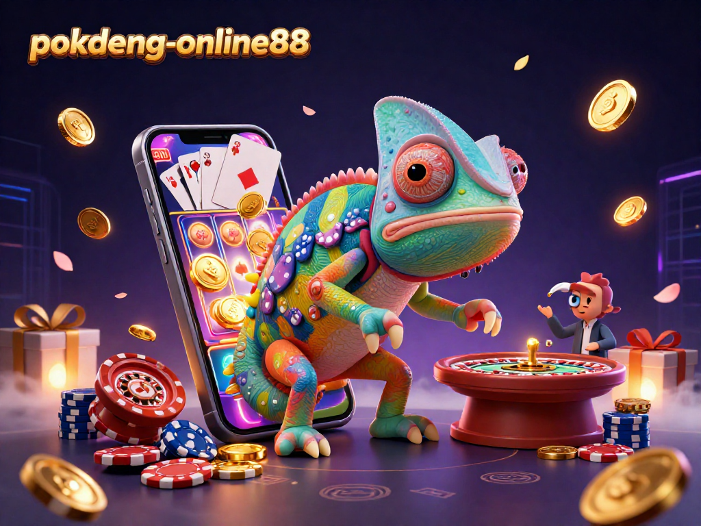 Experience excitement with pokdeng-online88, showcasing a colorful casino scene filled with coins, cards, and fun!