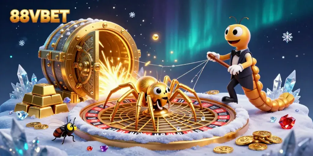 Engage with 88VBET as a golden spider spins a roulette web in an enchanting casino scene.