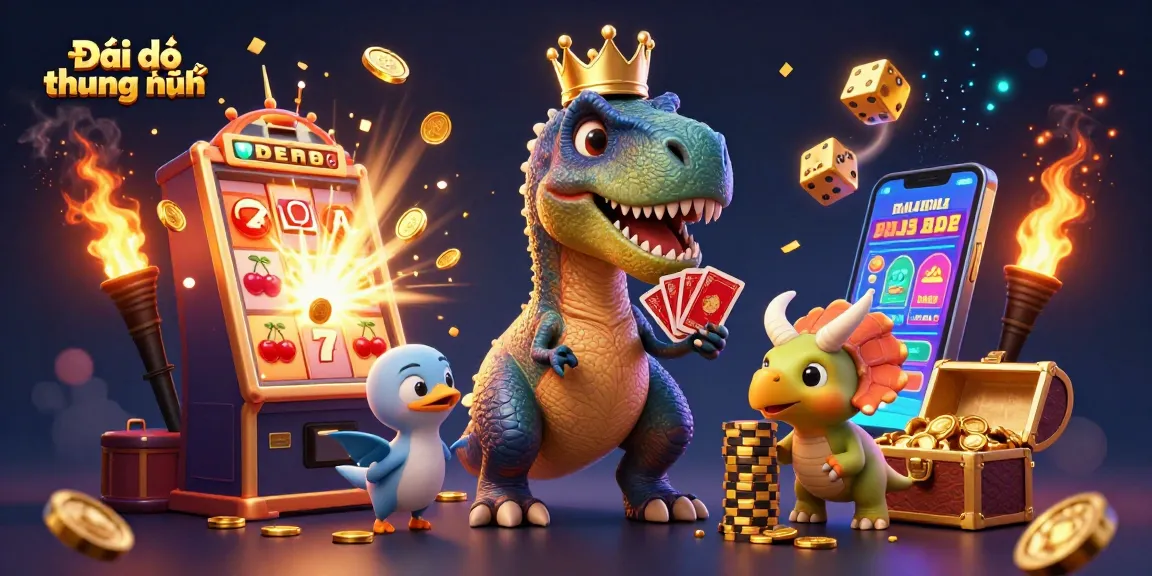 Delightful scene with Đại sứ thương hiệu featuring a T-Rex, pterodactyl, and triceratops at a vibrant casino.
