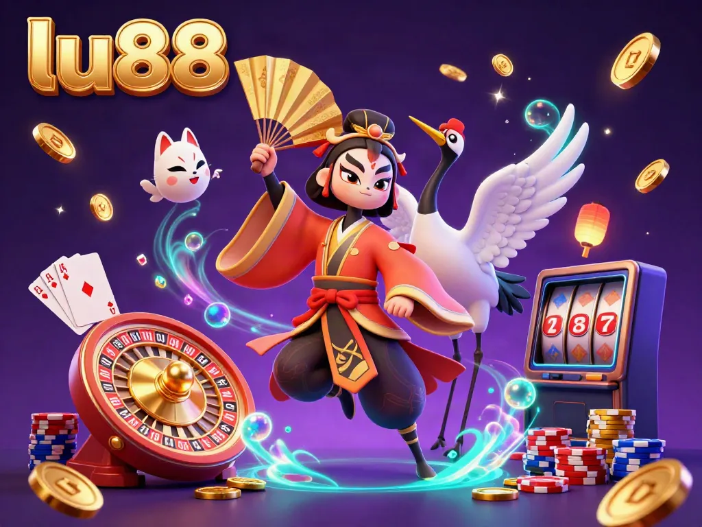 Experience thrilling gameplay at lu88 with vibrant casino elements, gold coins, and iconic characters.