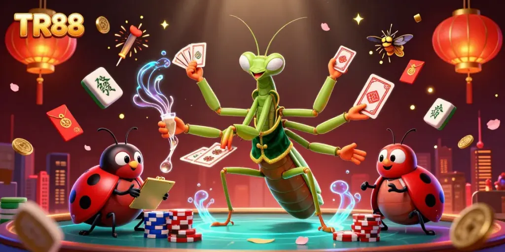 Engage in thrilling games with TR88 as a giant mantis card sharp and a ladybug pit boss oversee the action.