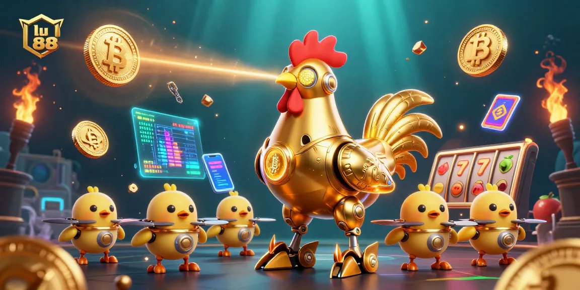 lu 88 showcases a gaming scene with a golden rooster robot, crypto coins, and luck-driven slot elements