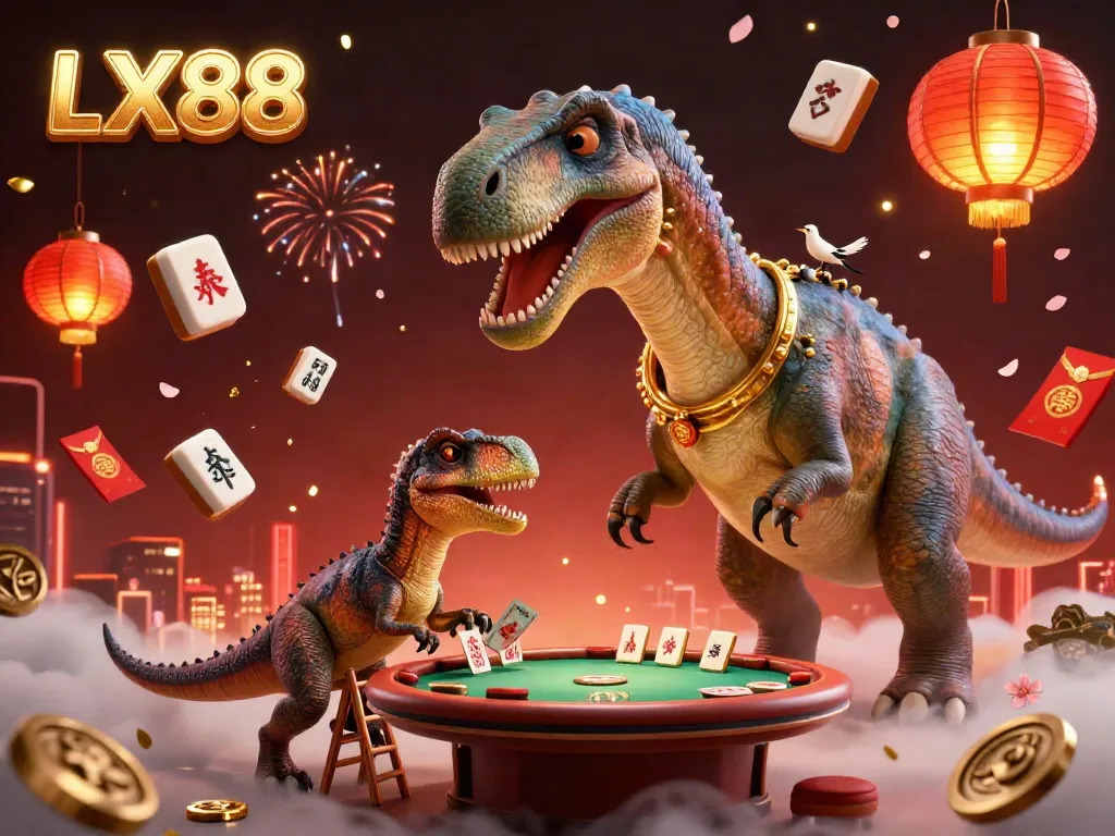 LX88 casino scene with a towering brontosaurus watching the poker table, as a clever raptor deals cards.