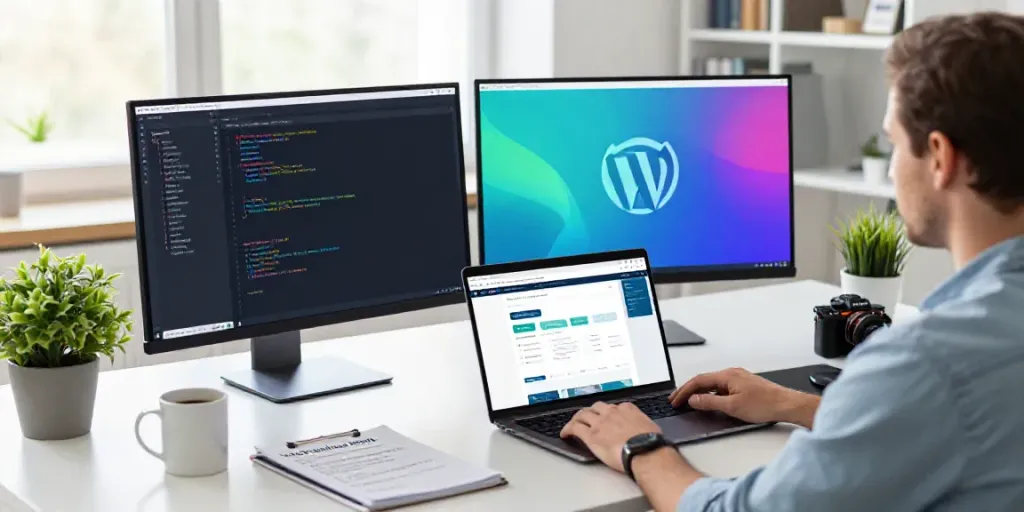Web developer optimizing UK LiteSpeed WordPress hosting on dual monitors in a modern workspace.