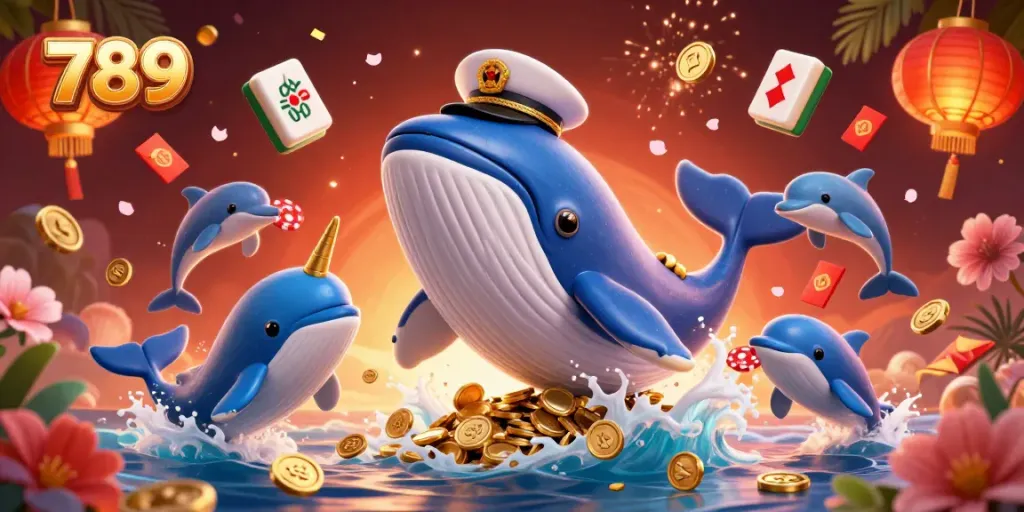 Experience the thrill of gaming with 789 as playful dolphins and a majestic whale engage in festive casino excitement