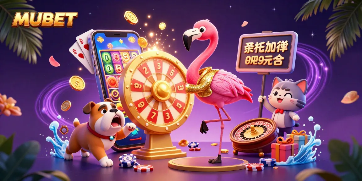 MUBET offers exciting casino experiences showcased in this dynamic visual, featuring thrilling games and vibrant characters.
