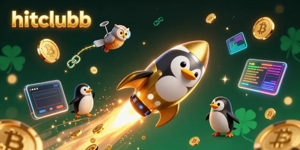 Hitclubb penguin rocket soaring towards a poker chip casino, surrounded by glowing crypto coins.