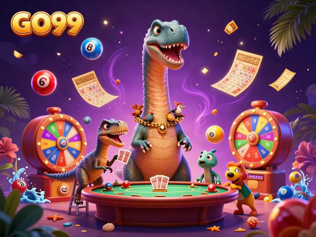 Experience dynamic wins with GO99 featuring playful dinosaur characters in a vibrant casino setting.