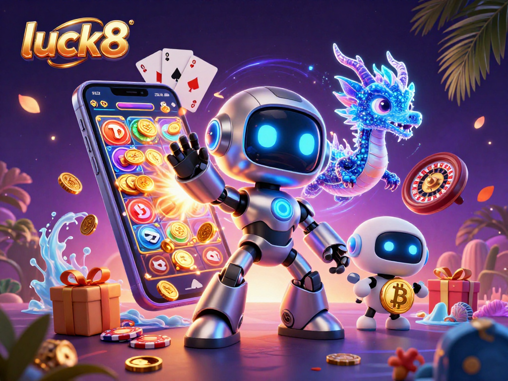 Experience winning moments with luck8 in a vibrant 3D casino scene packed with gaming excitement.