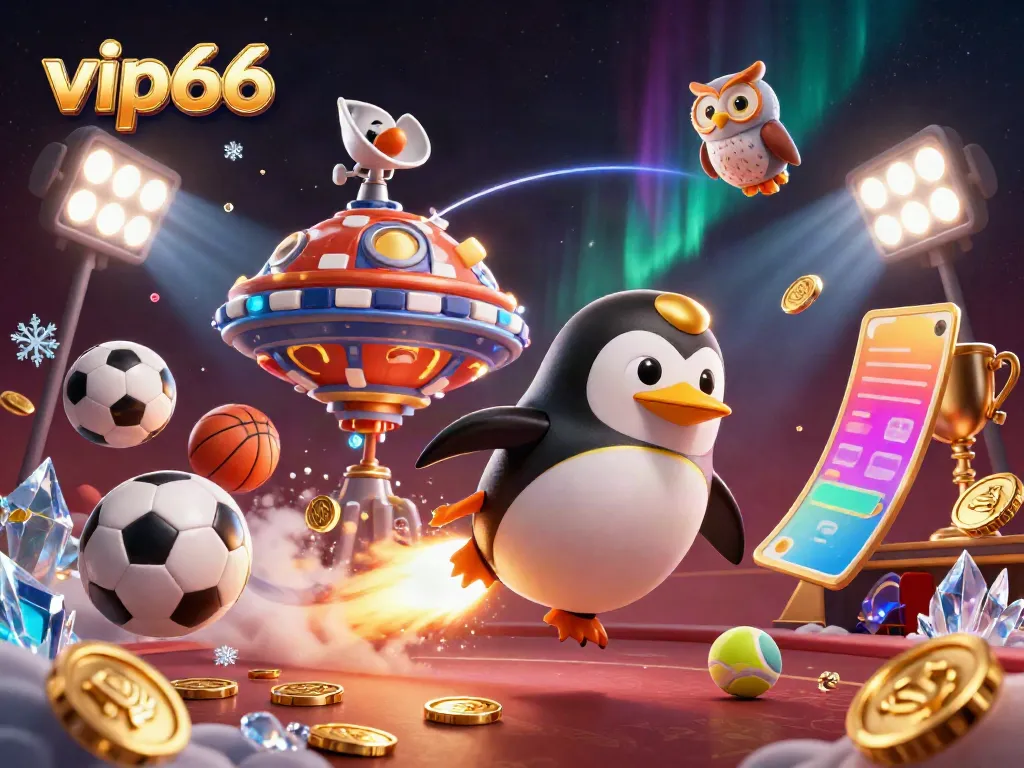 Experience thrilling betting action with the vip66 penguin and casino-themed elements in a dynamic 3D scene.