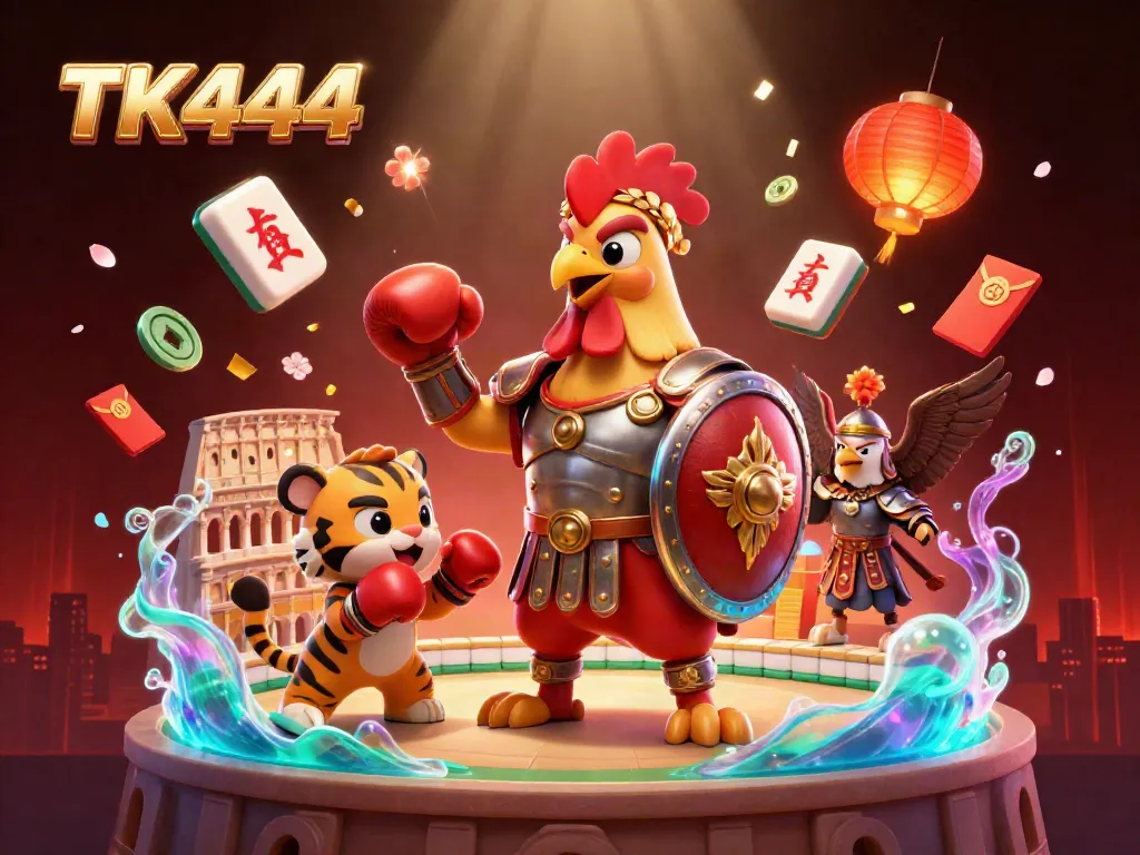 Engage with the dynamic action of TK444's gaming world featuring a gladiator rooster and tiger cub.