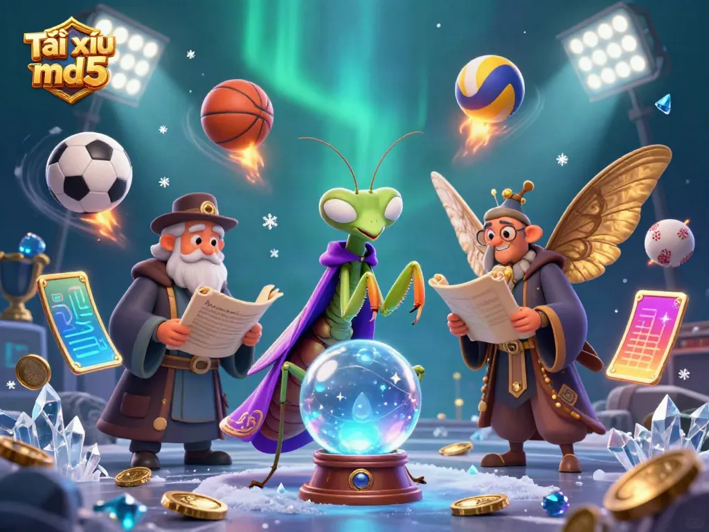 Tài xỉu md5 interactive scene with fortune teller, moth librarian, and sports elements showcasing engaging gambling dynamics.