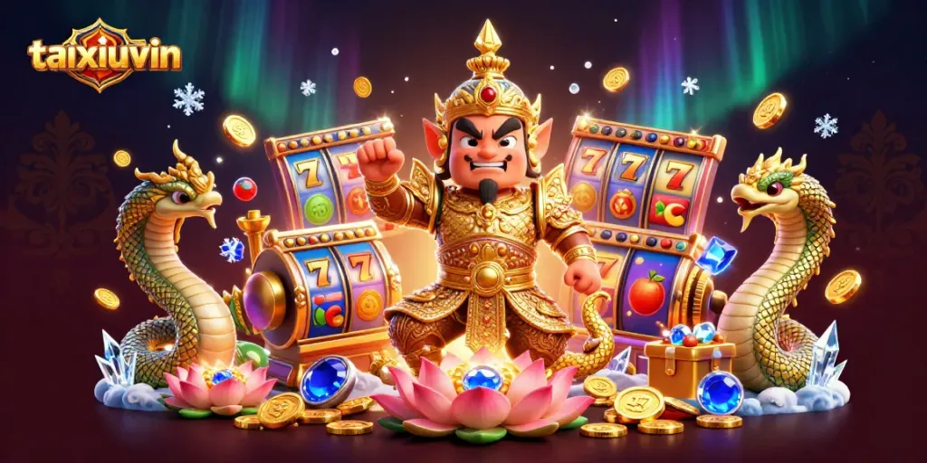 Experience big wins at taixiuvin with vibrant slot machines and friendly guardians in a thrilling casino setting.