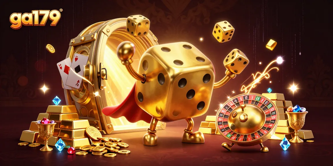 Play and win with ga179's golden gaming treasures in a vibrant casino scene.