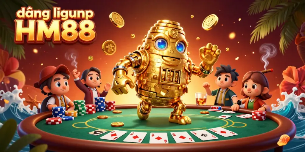Experience the excitement of đăng nhập HM88 with vibrant casino elements and a golden golem mascot.