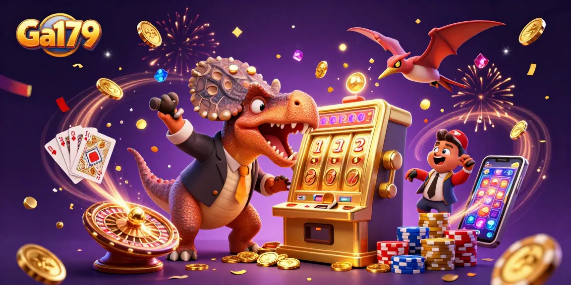 Experience dynamic casino action as Ga179 characters celebrate big wins with slot machines and golden coins.