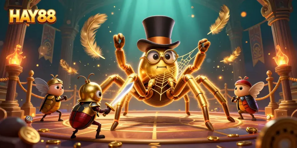 Watch the giant golden tarantula weave fortunes in HAY88's vibrant casino world.