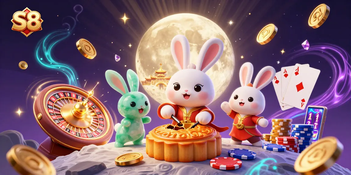 S8's moon rabbit folklore character brings excitement to a dynamic casino scene with poker chips and glowing coins.