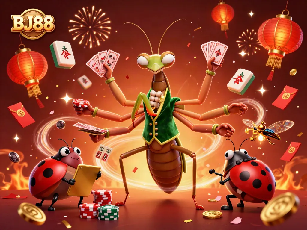 Experience the excitement of BJ88 with a vibrant casino illustration featuring dynamic characters and game elements.