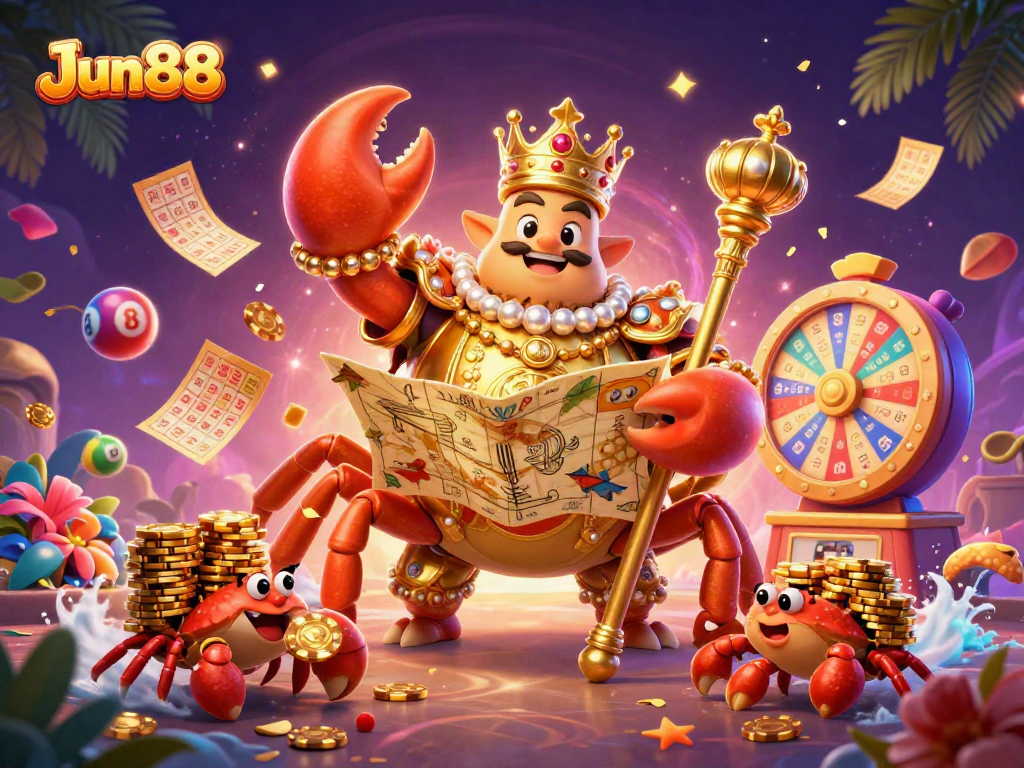 Experience the thrill with Jun88's vibrant lottery scene featuring a golden crab emperor.