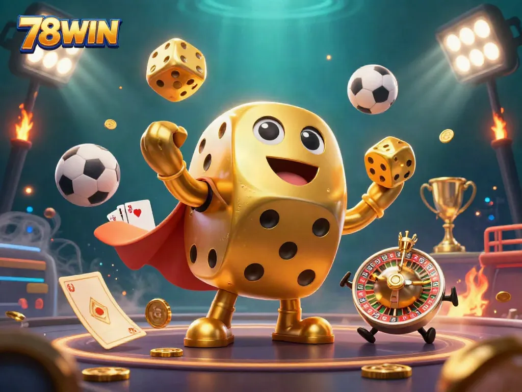 Engage in thrilling moments at 78WIN, where golden dice and vibrant sports balls illustrate the excitement of online gaming.