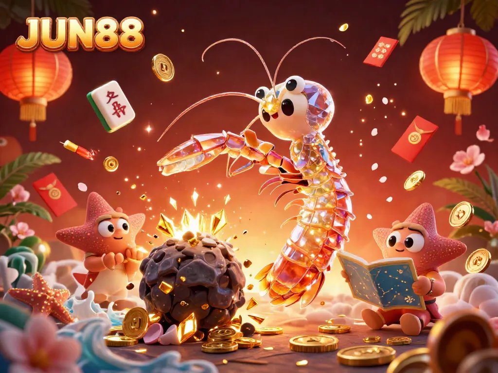 Experience the vibrant energy of JUN88 with a galactic samurai mantis shrimp striking through an asteroid, surrounded by golden treasures and festive elements.