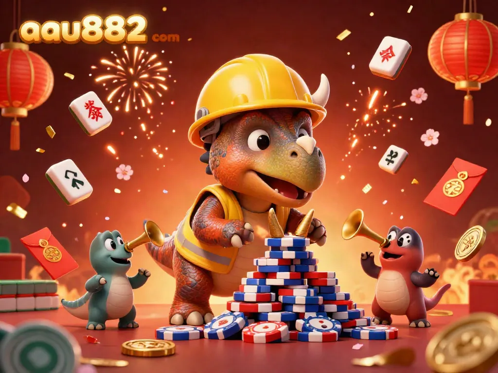 Join the online fun at aau882 com with a triceratops and friends celebrating a vibrant casino atmosphere.
