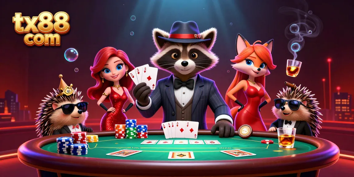 Experience excitement at tx88 com with a suave raccoon, fox companion, and dynamic poker action.