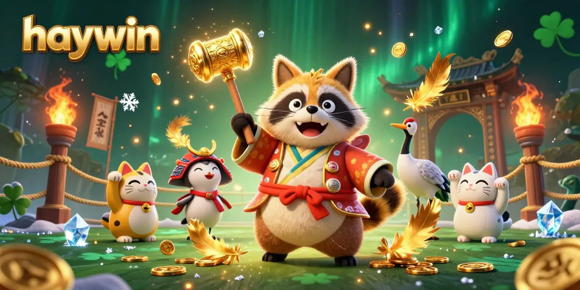 Haywin showcases a lively scene with a cheerful tanuki and fortune cats amidst dynamic casino elements.