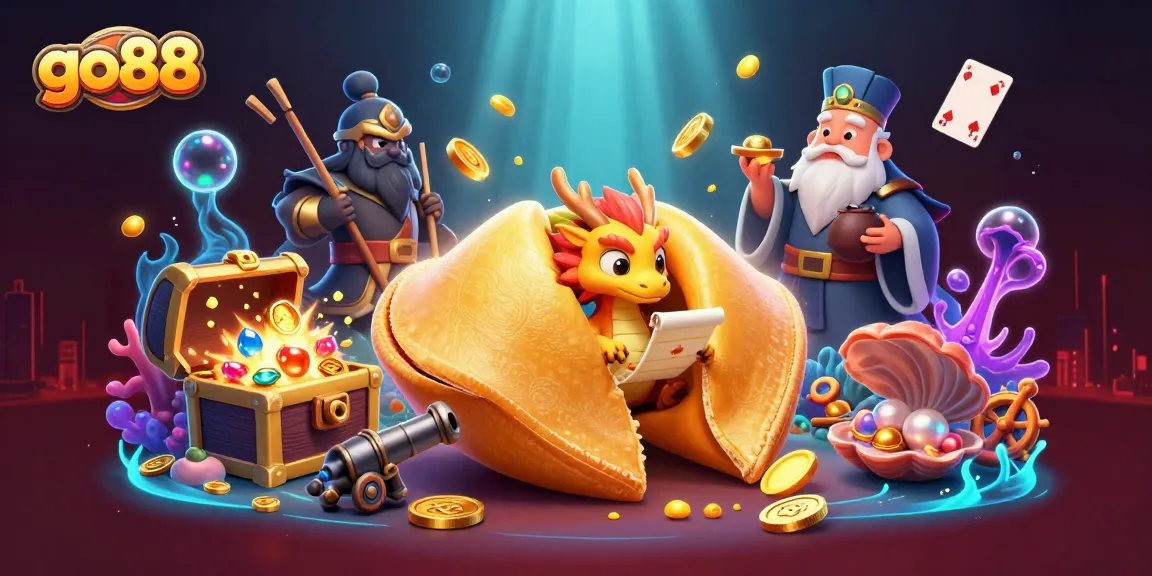 Engage with go88's captivating gaming world featuring a golden fortune cookie and vibrant casino elements.