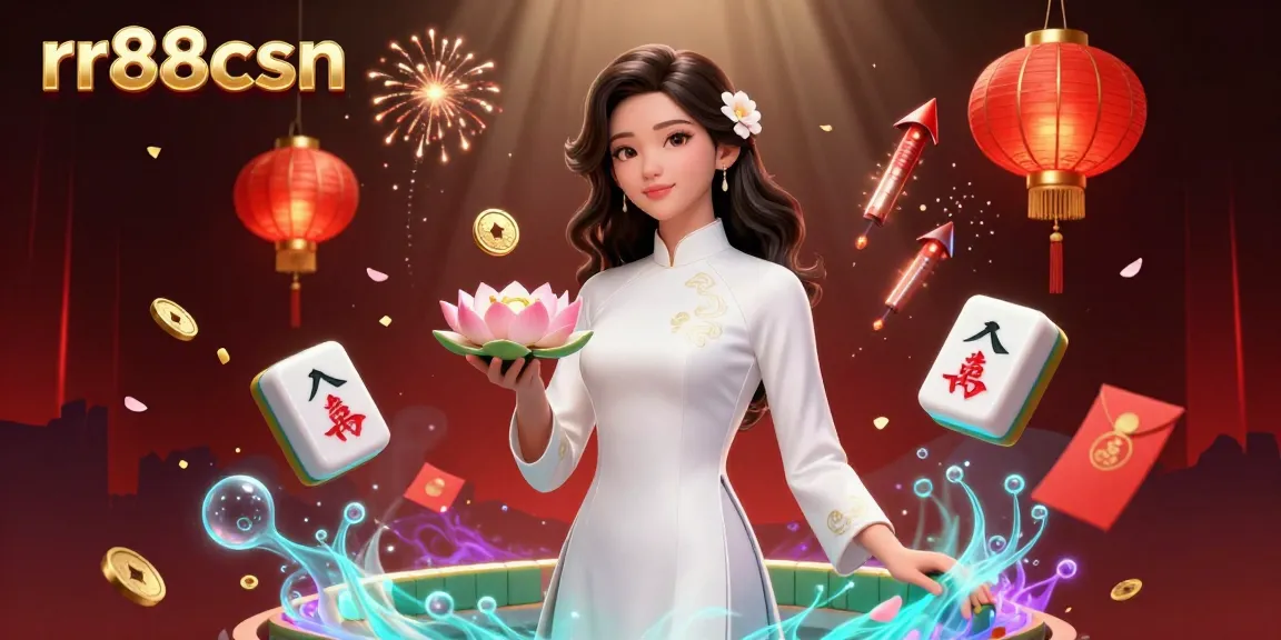 Experience thrilling moments at rr88csn with an elegant Asian woman in a vibrant casino scene showcasing mahjong excitement.