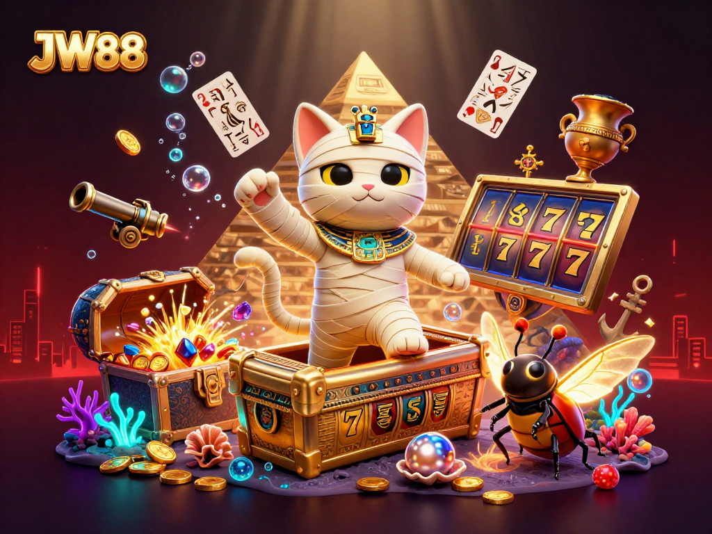 Experience the thrilling world of JW88 with a vibrant 3D illustration of a mummy cat and a scarab in a casino setting, surrounded by floating playing cards.