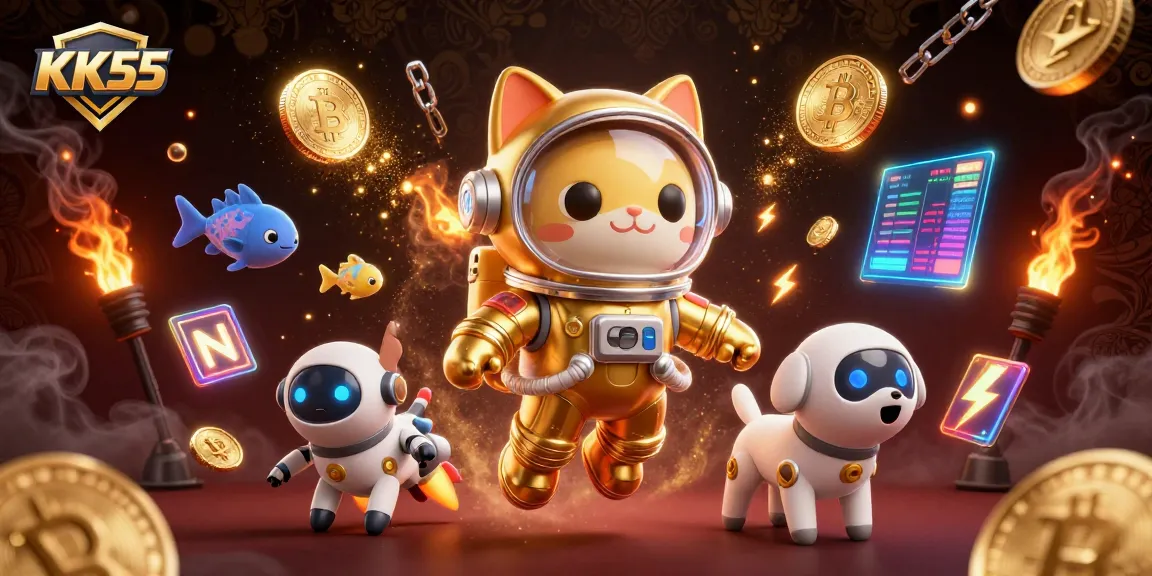 Bet on exciting games at KK55 with colorful 3D cat astronaut and robot in a vibrant digital space.